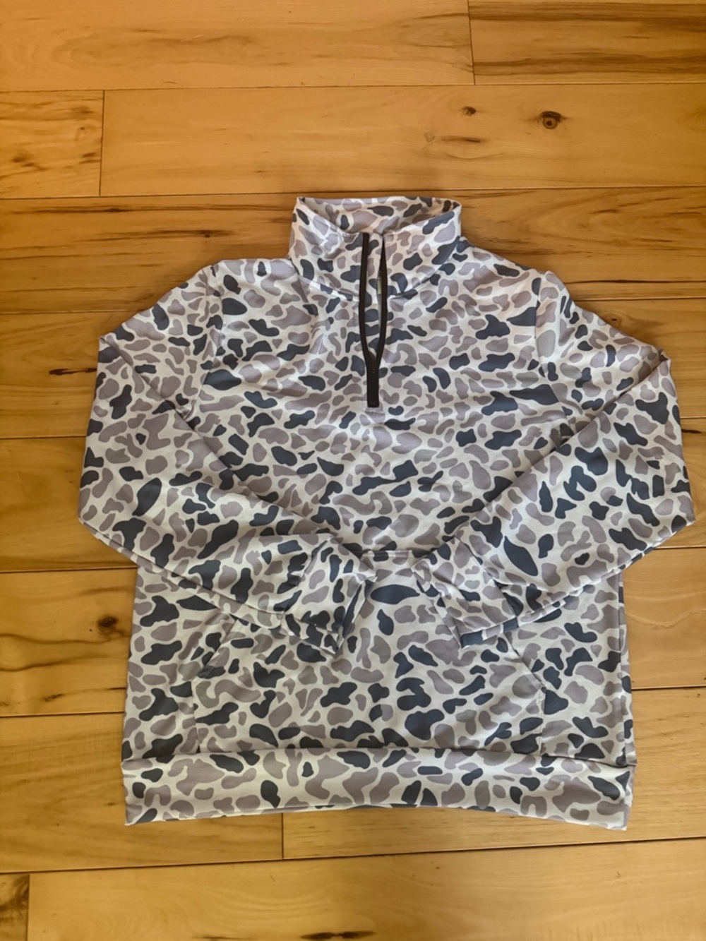 Women’s white duck camo quarter zip sweater with front pocket